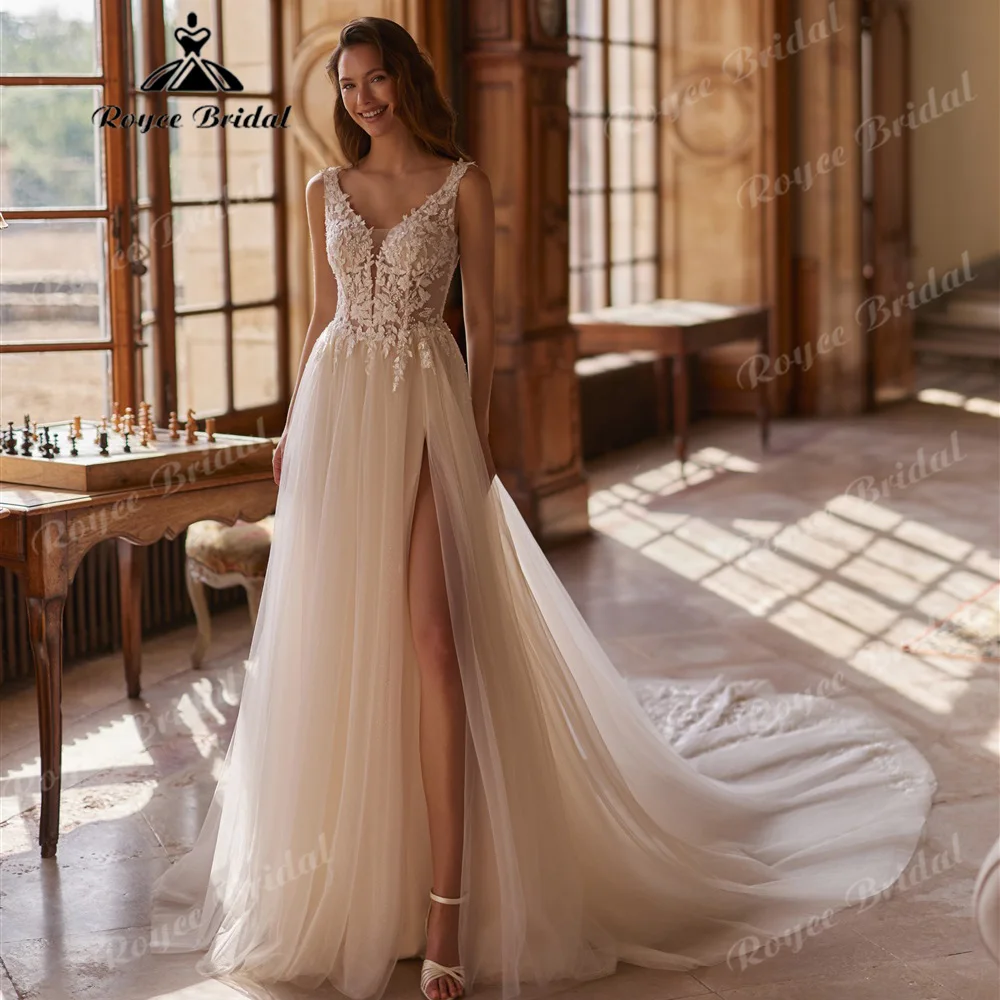 V Neck Wide Strap A Line Wedding Dress 3D Floral Lace Appliques Sparkle Tulle High Slit Chapel Train Vestido De Novia Customized