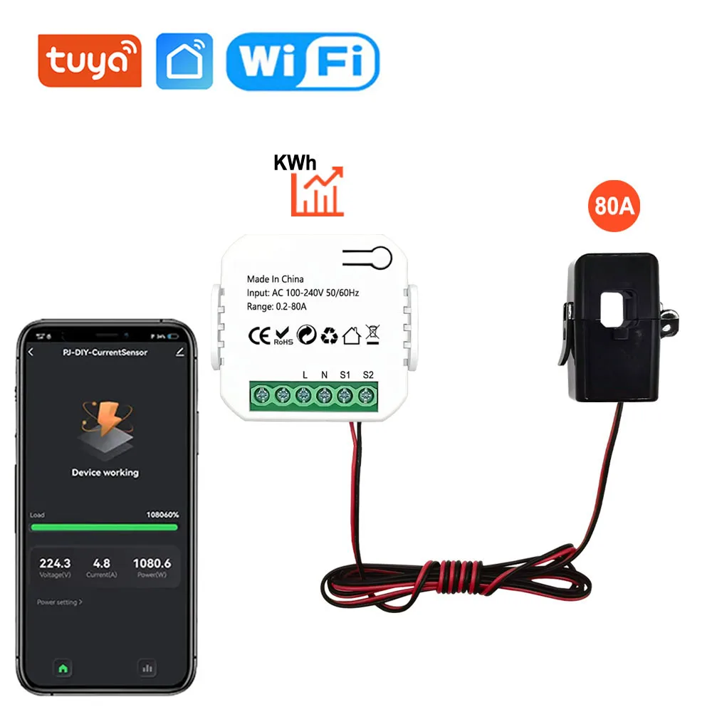 

Tuya Smart Life WiFi Digital Energy Meter 80A with Current Transformer Sensor Clamp CT APP Monitor Power DIY 110V 240V 50/60Hz