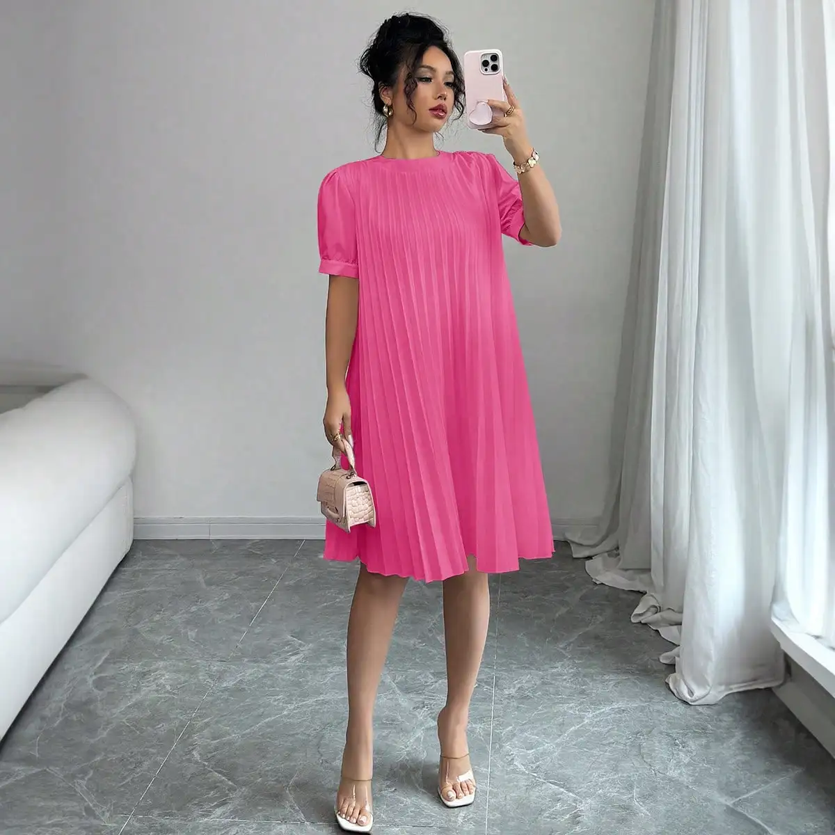 Women's Pure-Color Pleated Puff Sleeve Midi Dress - Elegant Round product image from Kayea’s Collections