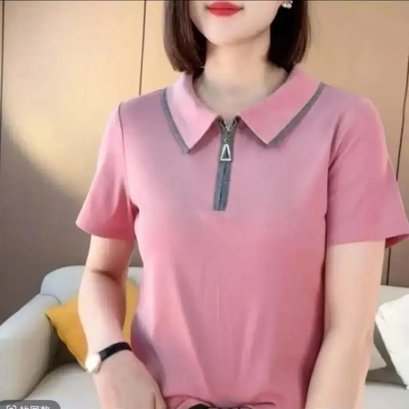 

Female Clothing Women Fashion Elegant Korean Striped Button Polo Collar T-shirt Summer Casual Short Sleeve Slim Basic Tops