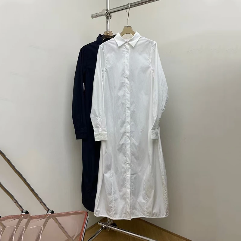 숙녀 옷깃 긴 소매 셔츠 드레스, 양면 포켓 디자인 긴 드레스, 패션 캐주얼 드레스, 여름, 새로운, 2025, 고품질