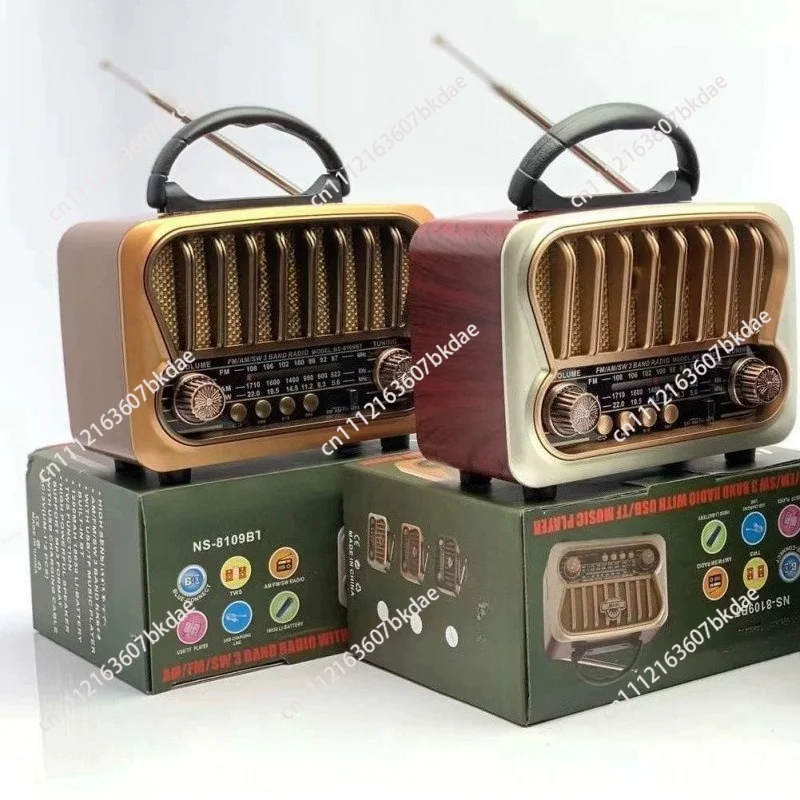 New NS8109BT Wireless Bluetooth Speaker Portable Retro Wood Grain Radio with Card Slot