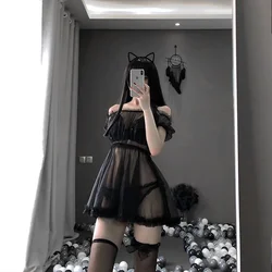 Kawaii Lace Nightdress Lingerie Pajamas Set for Women Off-Shoulder Tulle Temptation See Through Dress Erotic Cosplay Costumes