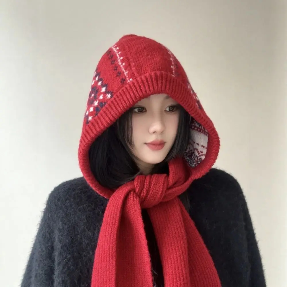 หมวกไหมพรมถักลายแจ็คการ์ดแบบคลุมหน้า สไตล์แฟร์ไอส์ พร้อมผ้าพันคอในตัว ป้องกันหู หมวกหนา อุ่น สำหรับฤดูหนาว ผู้หญิง/เด็กผู้หญิง