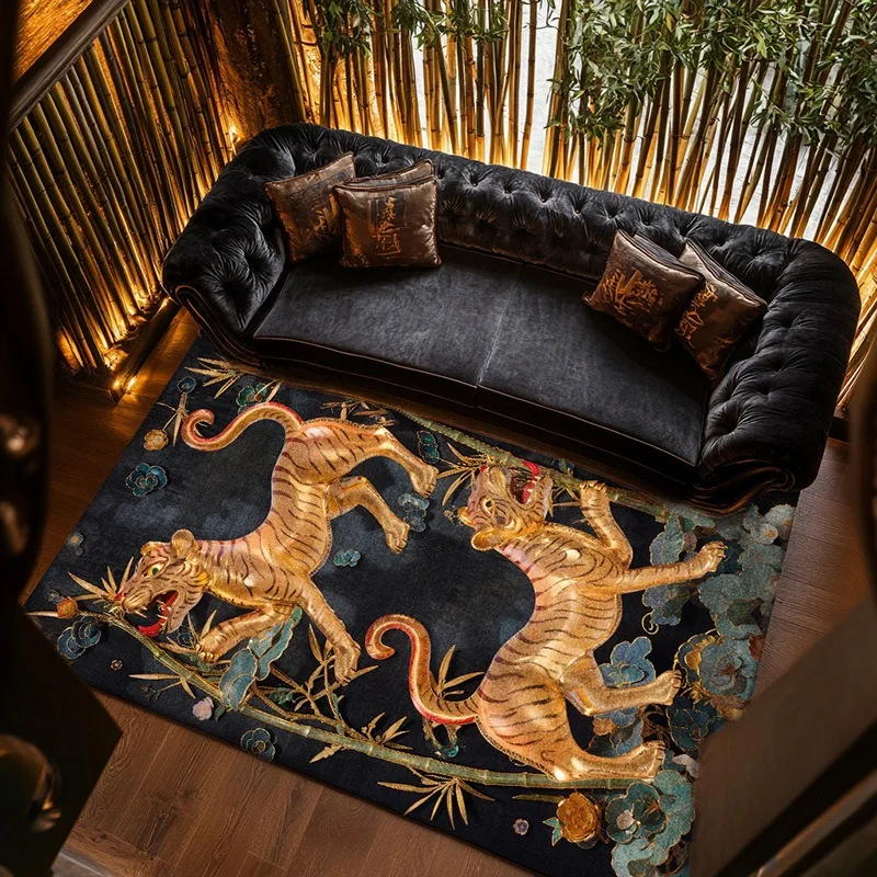 

New Chinese Style Black Gold Tiger 3D Auspicious Cloud Bedroom Living Room Anti Slip Carpet Floor Mat Home Decoration