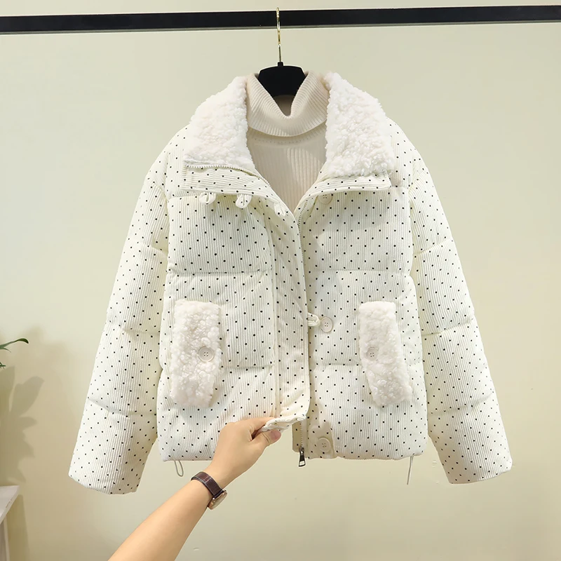 

Korean Sle Sweet Polka Dot down Cotton Jaet Women's Winter Loose Thi Warm ort Cotton Coat Fem Outerwear