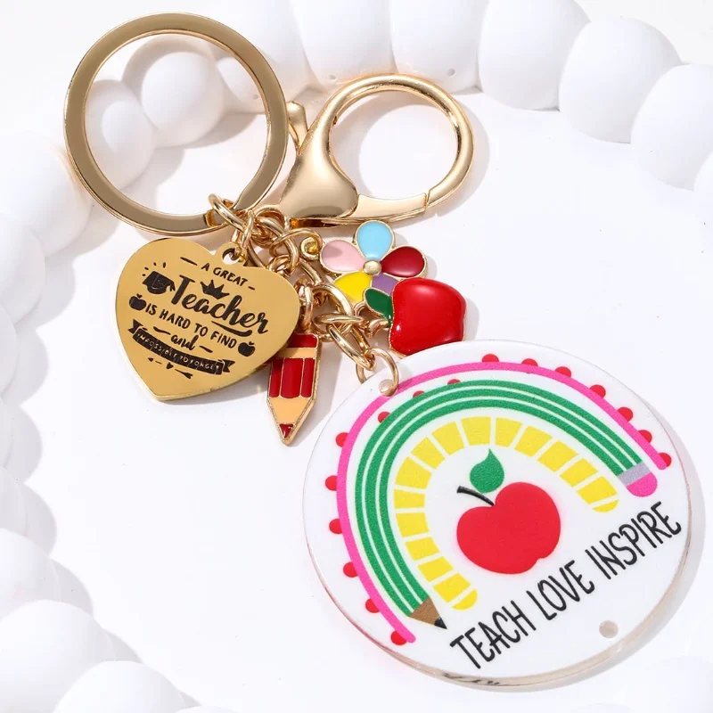 Lovely Apple Acrylic Best Teacher Work Keychain Pencil Heart Ruler Key Ring For Women Men Teacher\'s Gift Handmade Jewelry Set