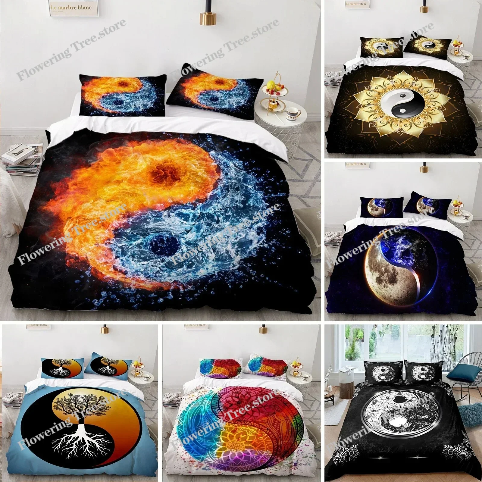 

Yin Yang King Queen Duvet Cover Mandala Bohemian Bedding Set Retro Lotus Tai Chi Bagua Comforter Cover Chinoiserie Quilt Cover