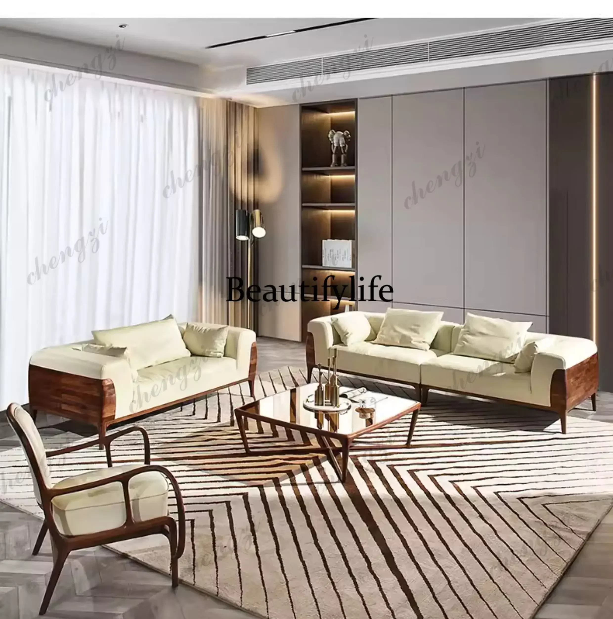 D8000    Italian light luxury leather straight row sofa, minimalist solid wood living room sofa