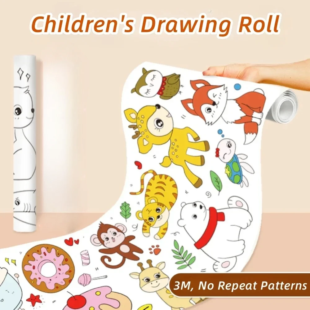 Rollo de dibujo de lienzo de animales de 3M para niños, rollo de papel para colorear DIY, relleno de Color, Graffiti, pintura cortada en papel, juguetes educativos para niños