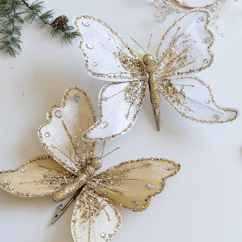 Christmas Glitter Butterfly With Clip Christmas Tree Ornaments Fake Butterfly Craft Happy New Year Decoration For Home Navidad