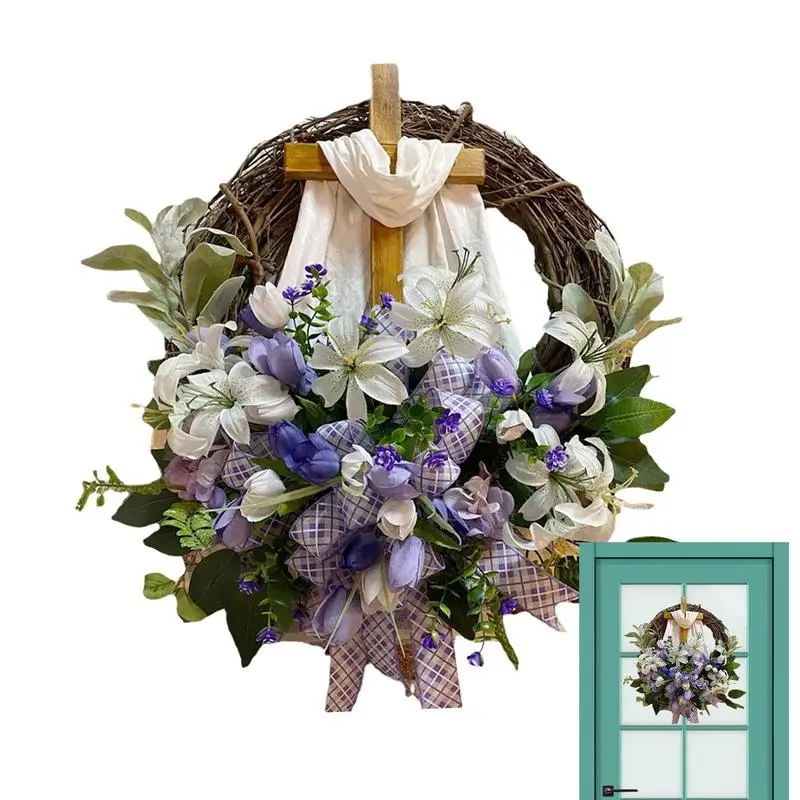 

Easter Door Wreath Easter Door Decoration with Cross 35cm/13.8 In Bouquet Garland Wreath Sign for Easter Spring Home Coffee Shop