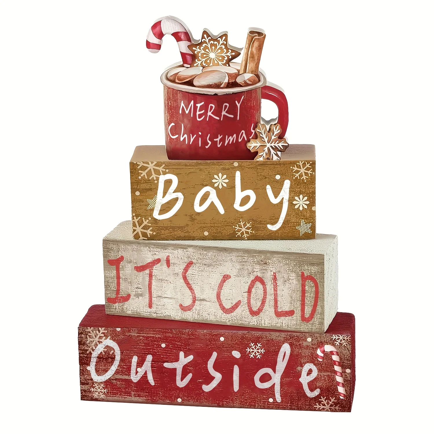 Деревянный многоярусный декор подносов в деревенском стиле с чашками-снежинками — зимняя центральная часть фермерского дома для стола, стола, камина и офиса.