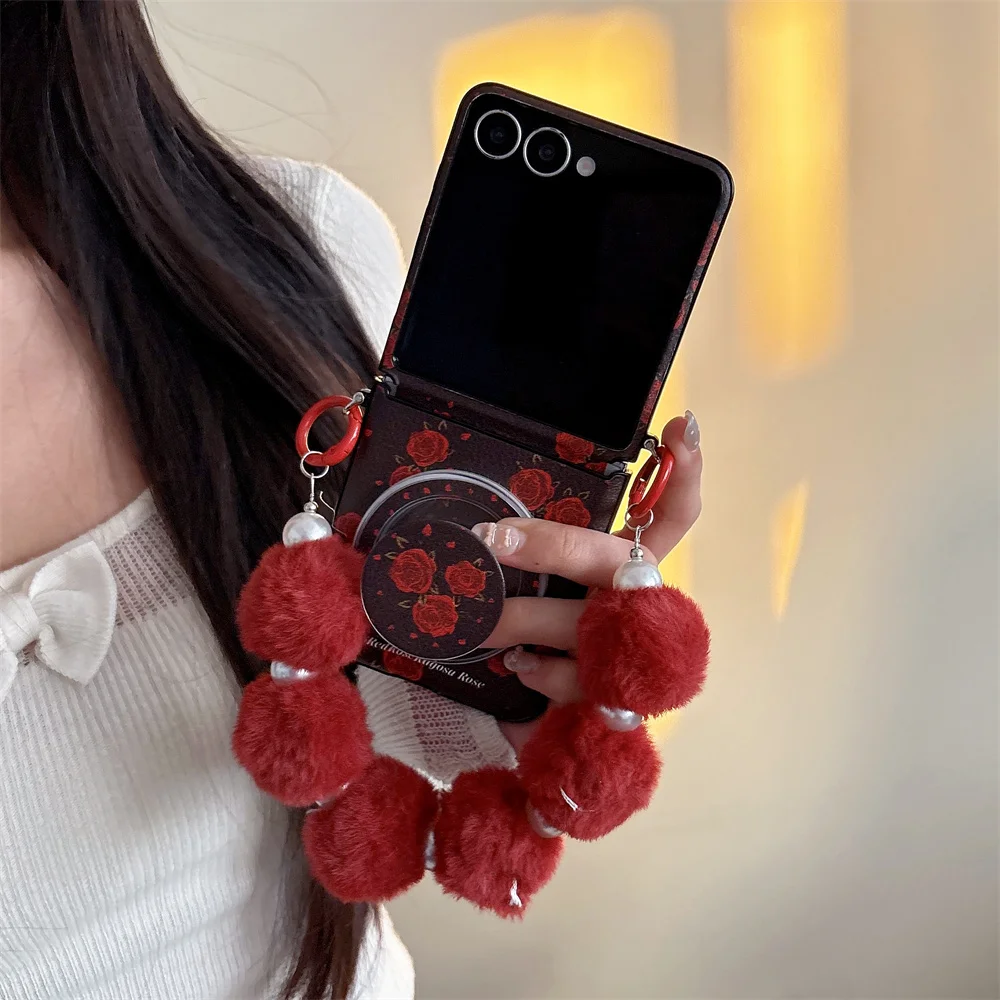 Vintage Red Floral Phone Case With Grip Stand Ball Wrist Strap For Samsung Z Flip8 Flip7 Flip6 Flip5 Flip4 Flip3 Foldable Shell