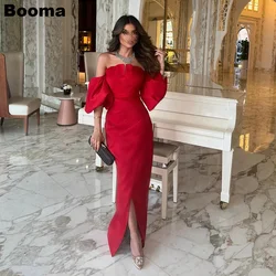 Booma Red Mermaid Evening Dresses Off Shoulder Puff Sleeves Satin Formal Party Gowns for Women Slit Simple Prom Dress