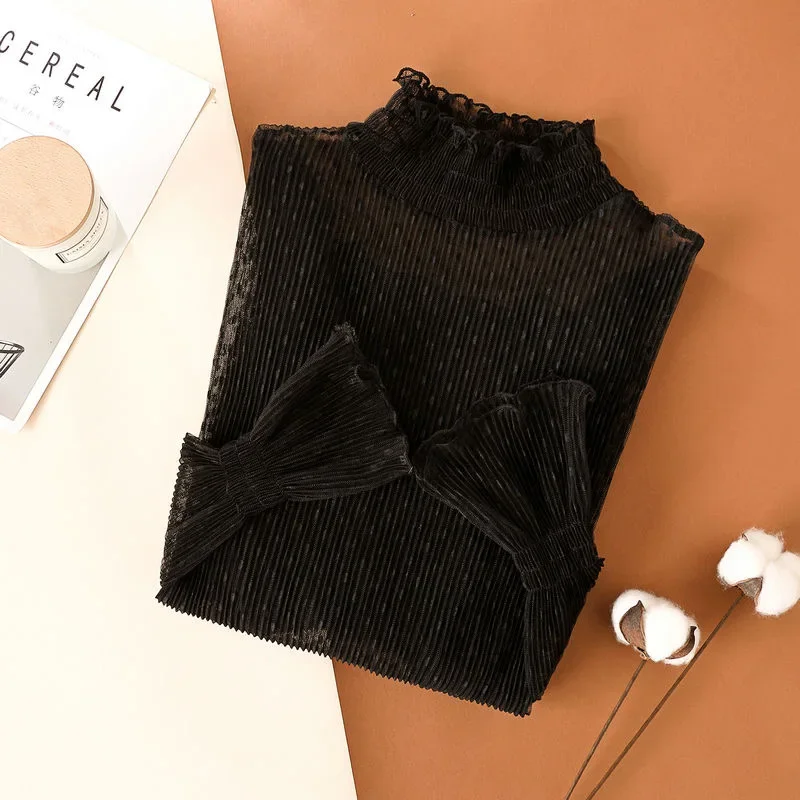 Sexy Women's Lace Layering Top Long Sleeve Sheer Mesh High Neck Undershirt Y2K Lace Floral Tops See Through Shirt Elegant Blouse