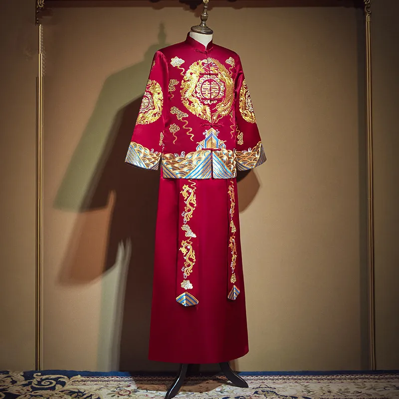 Costume de mariage Royal pour hommes, longue Robe classique brodée de Dragon, Style chinois, pour spectacle sur scène, vêtements pour toasts