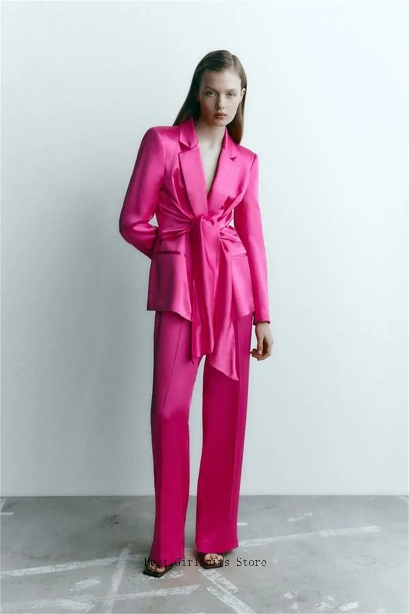 Silk Satin Women Suits Sets 2022 Pink Blazer With Belt+Pants 2 Piece Casual Fashion Streetwear Prom Evening Dress Custom Made