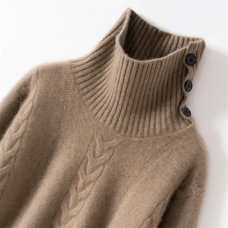Women Cashmere Sweater Turtleneck Side Open Buckle Pullover Twisted Flower 100% Cashmere Knitwear Autumn Winter Loose Thick Tops