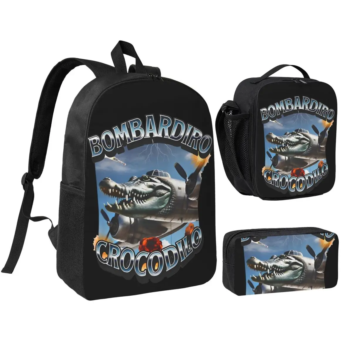 

3pecs/set Bombardiro Crocodilo аниме самолет рюкзак итальянский мем Brainrot школьный рюкзак сумка для обеда пенал