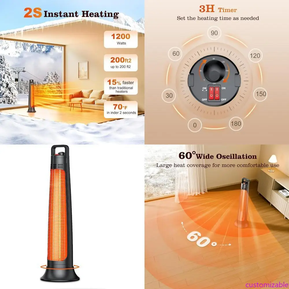 

Portable Electric Infrared Patio Heater for Outdoor and Indoor Spaces with 60° Oscillation