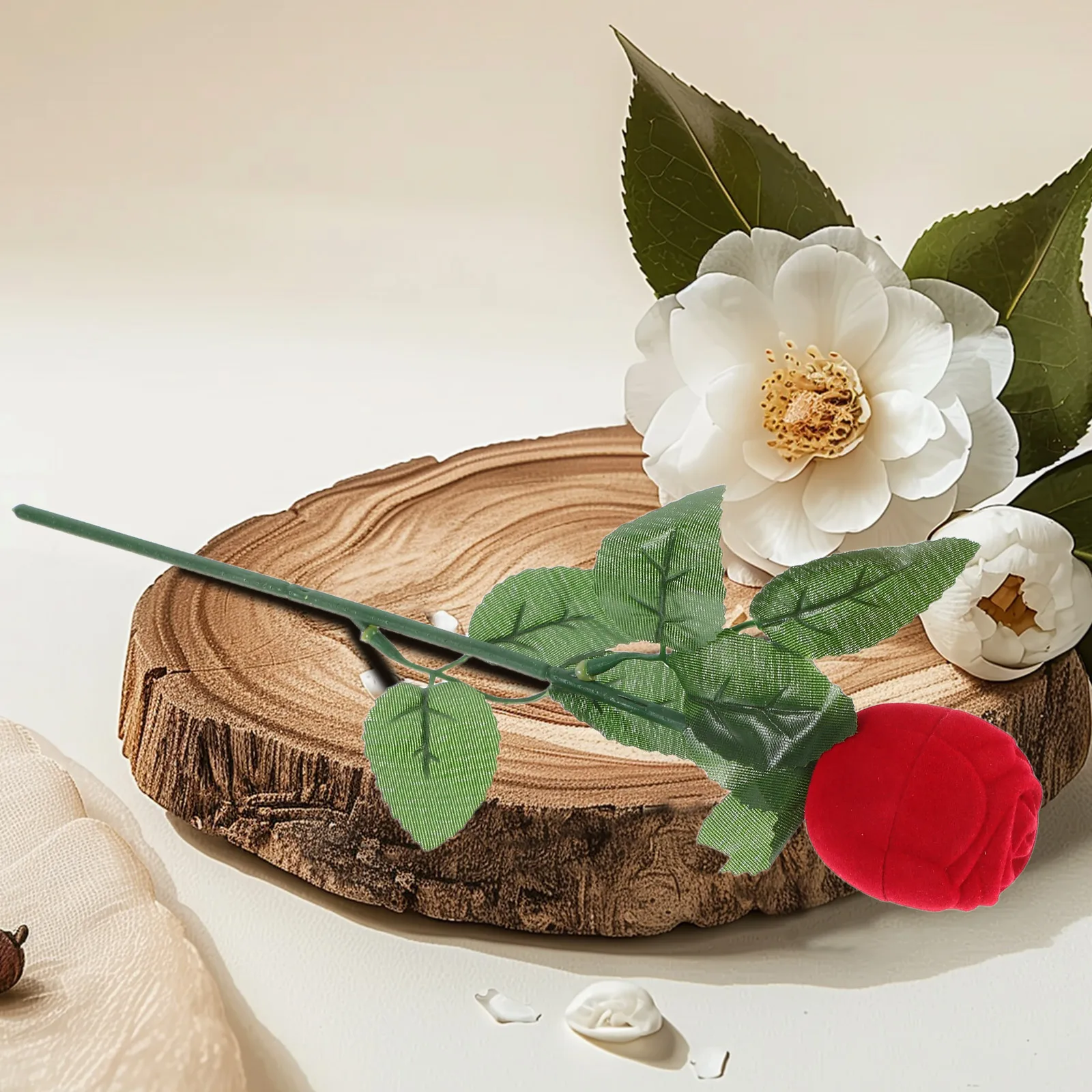 

2pcs Rose Ring Box Red Wedding Rings Holder Breathable Fabric Storage Case for Party Anniversary Jewelry Display