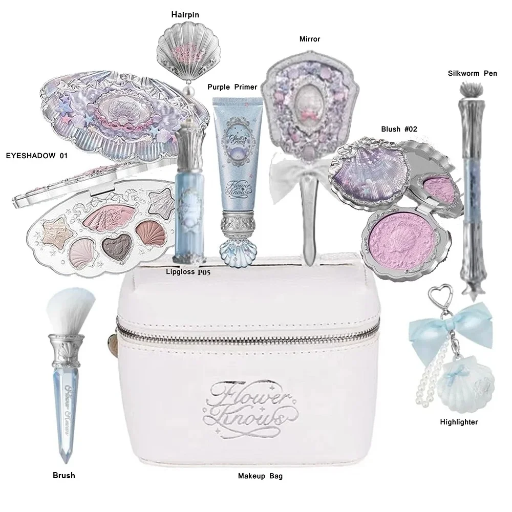 Set Flower Knows Shell Pearl Collection Eye Shadow Lip Gloss Blusher Powder Glitter Highlighter Kit