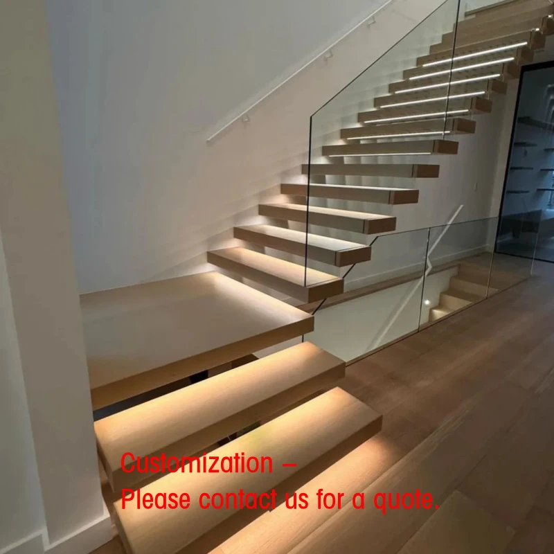 custom.High Quality Solid Wood Glass Steel Floating Staircase Wooden Floating Staircase