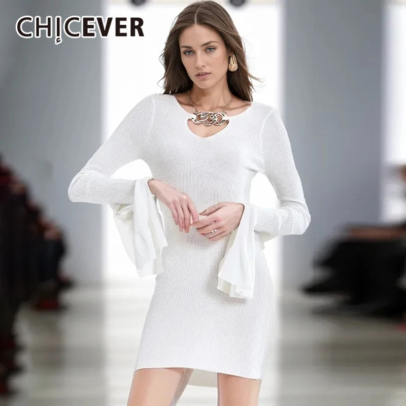 

CHICEVER Elegant Slimming Dress For Women V Neck Flare Long Sleeve High Waist Hollow Out Patchwork Metal Dresses Female Spring