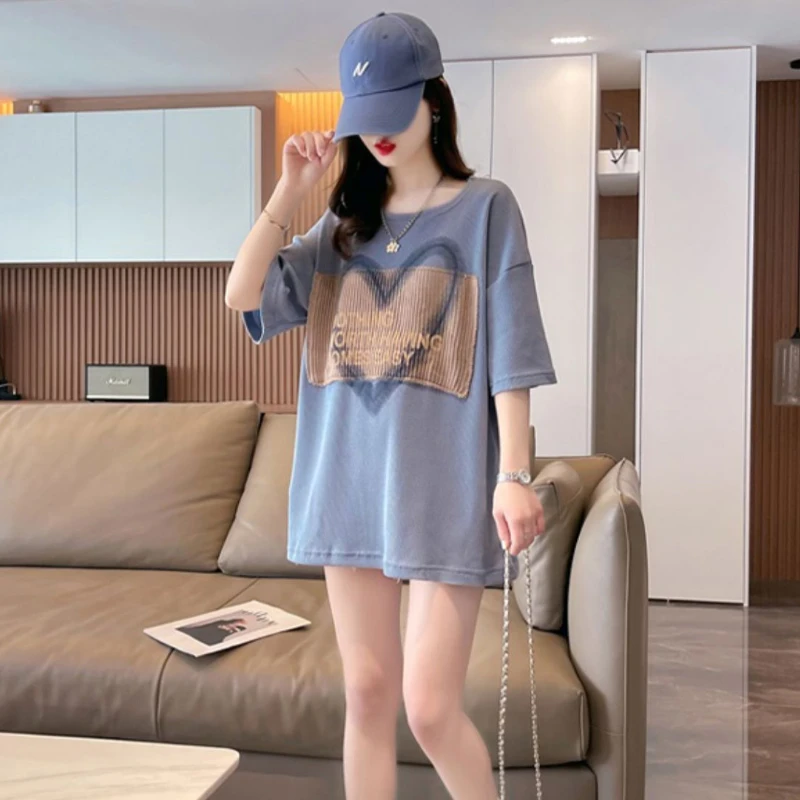Camisetas holgadas Vintage para mujer, ropa de calle americana con cuello redondo, ropa de verano para adolescentes, Tops Y2k, nueva moda, Футlık artik Ж Salahdhe, estampado de corazón