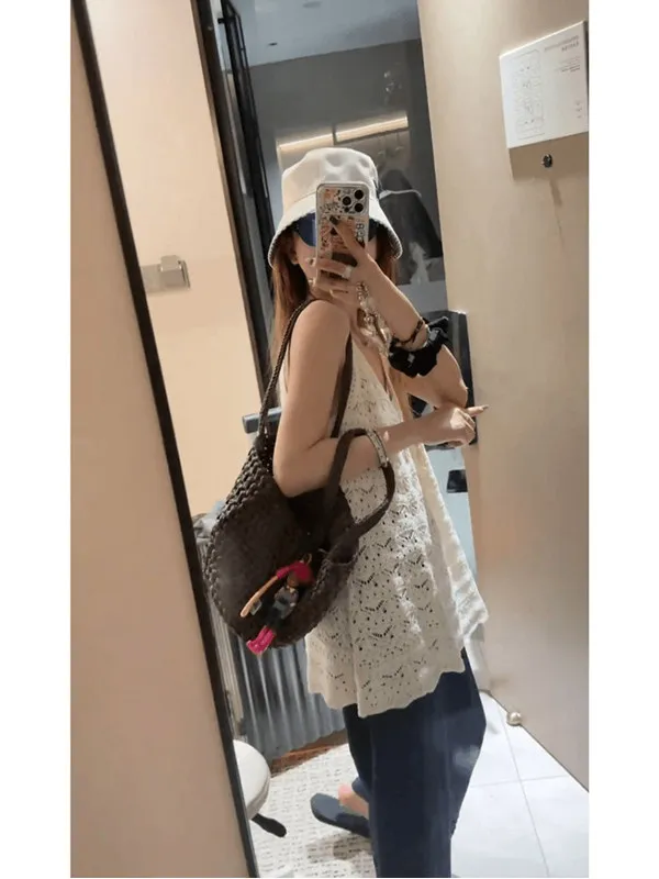 Lace Hollow out Vest Women's Sun Protection Shoulder Pad Medium Length Summer Strap Outerwear Sleeveless Top