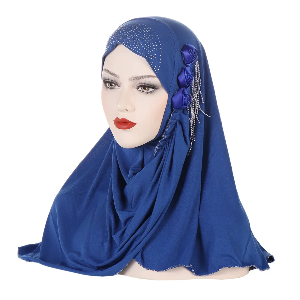 Muslim Women Instant Hijab Flower Tassel Turban Prayer Pull On Wear Scarf Islamic Amira Hat Shawl Ramadan Headwrap Headband Caps