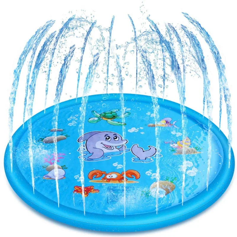 

39in 67in Inflatable Spray Pool Splash Pad Outdoor Sprinkler for Kids Child Water Play Mat Non Slip Blue Dolphin Pattern