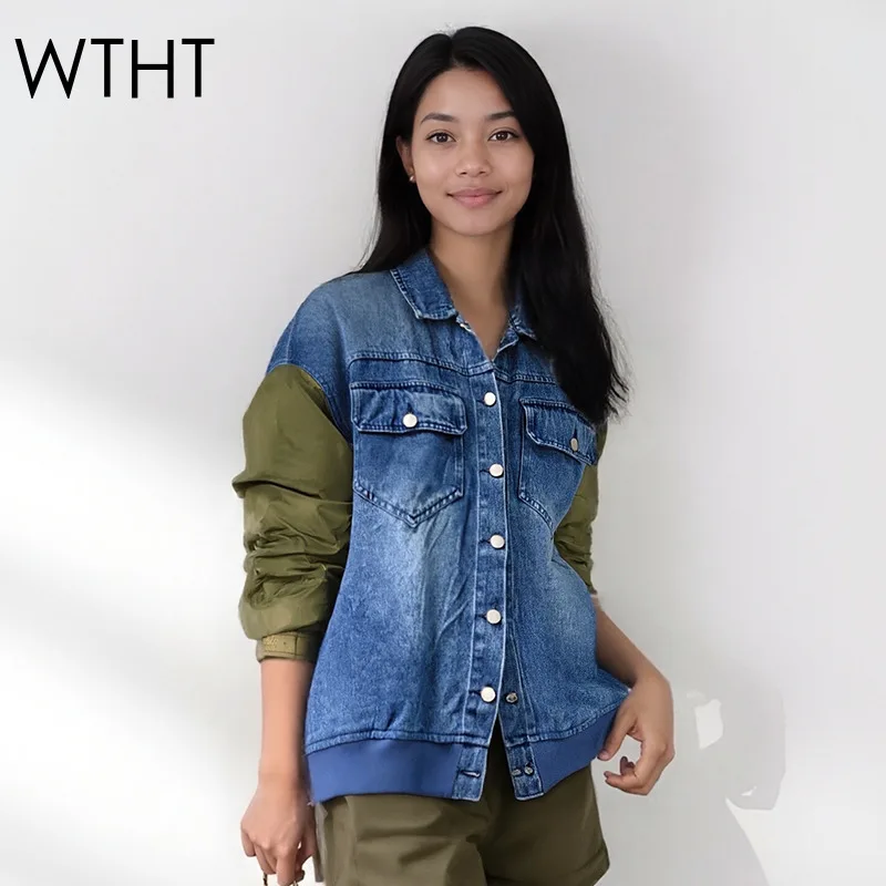 

WTHT 2025 Winter Fashion Women's Patchwork Contrast Color Long Denim Jacket Trendy New Lapel Loose Coat Female 1LS2785