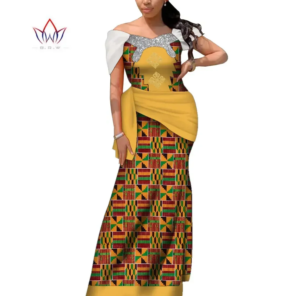 

Bintarealwax Elegant Ankara Dresses for Women African Wedding Dresses Off-Shoulder Dashiki Traditional Clothing WY10167