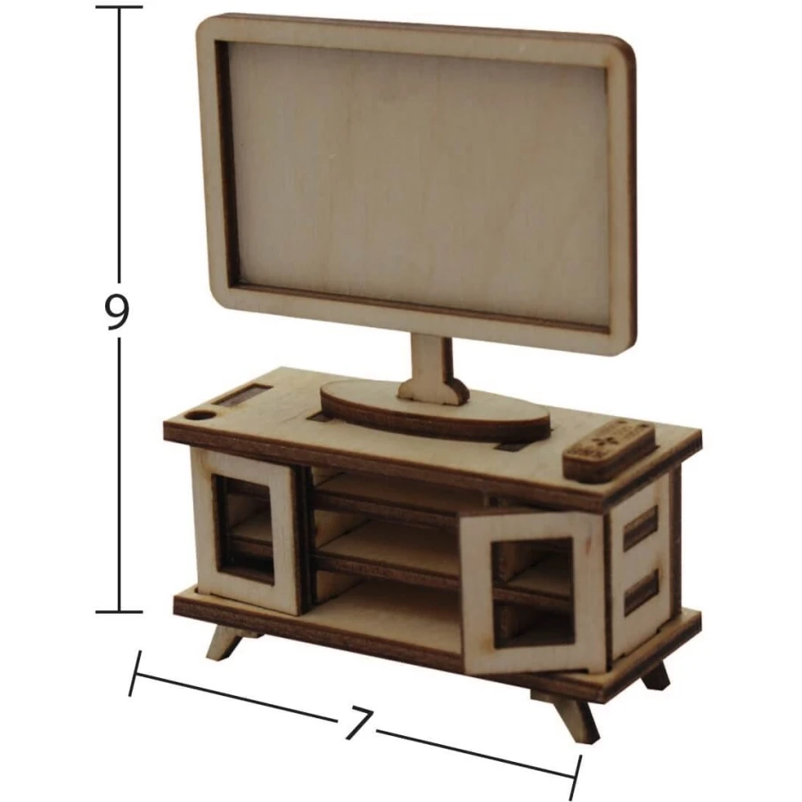 MN59 Miniature Tv and Tv Unit, Raw Wood Miniature