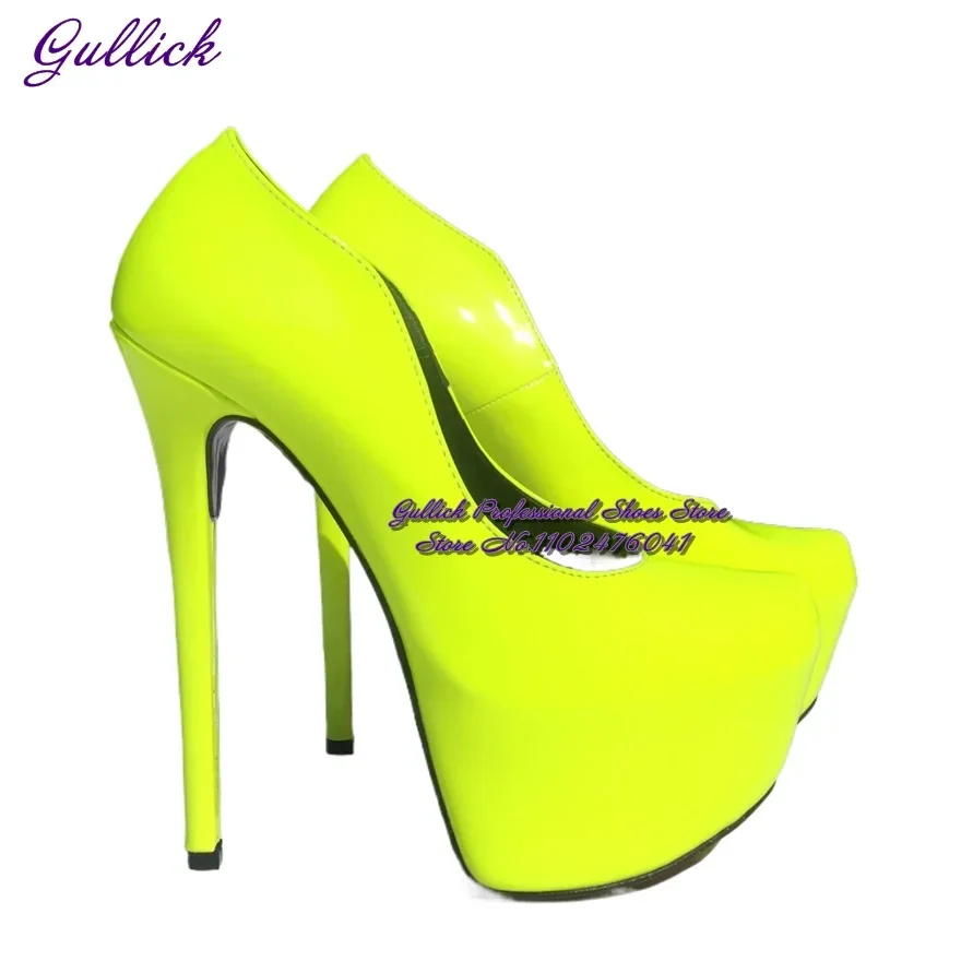 Gullick sepatu hak tinggi wanita, sepatu selop kulit warna Neon kuning Patentl, sepatu pesta stiletto Platform Dalaman ukuran 46