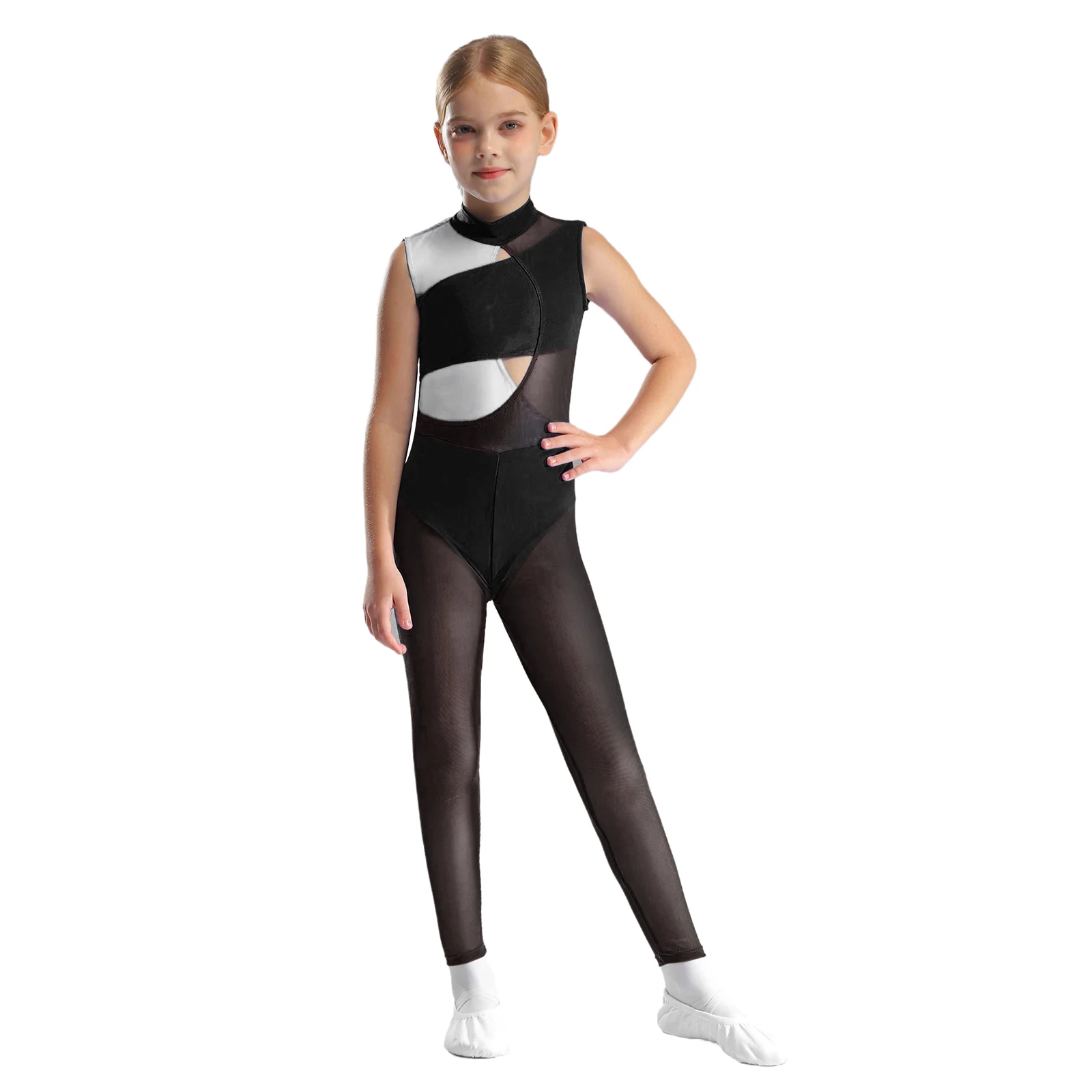 Kids Girls Gymnastics Bodysuit Color Block Patchwork Mesh Jumpsuit Mock Neck Sleeveless Cutout Acrobatics Yoga Workout Rompers