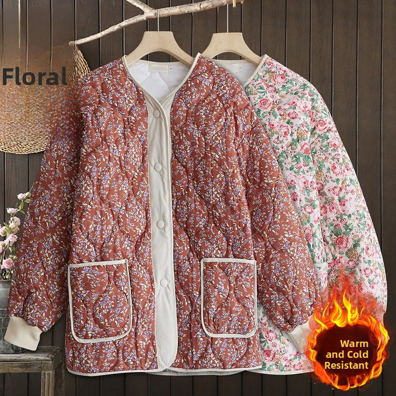 Floral Print Oversized Cotton Jacket plus Size Lightweight Thickened Warm Spring Autumn Women's Coat Casual Commute Style