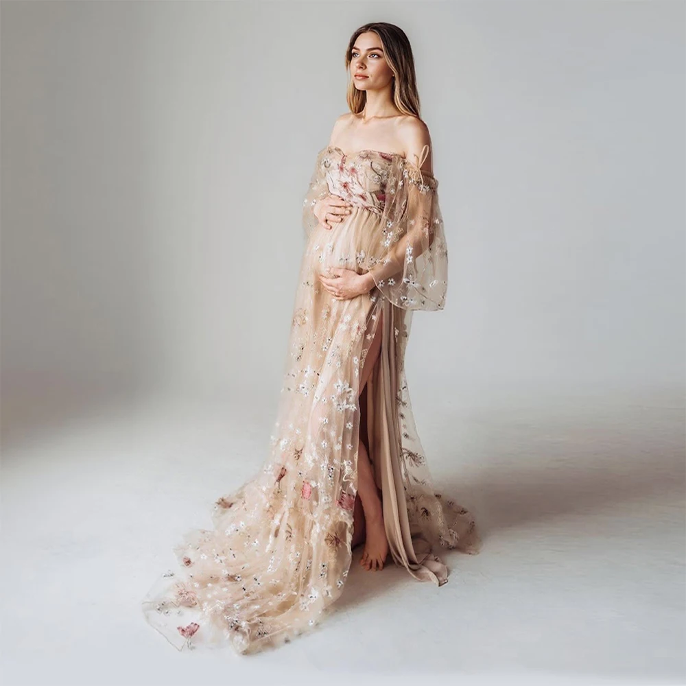 Off Shoulder Lace Floral Maternity Photoshoot Dress High Waist Split Pregnancy Shooting Dress Baby Shower Long Maxi Dress