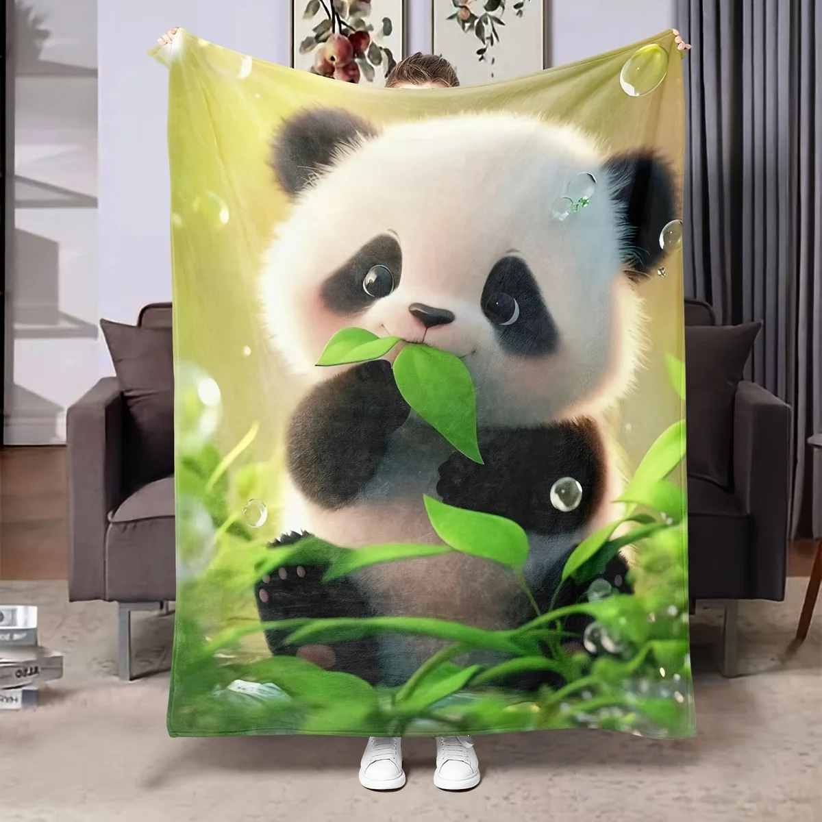 Soft Cozy Panda Flannel Blanket - Cute Panda for Bed, Sofa, Travel Camping - Machine Washable Warm Cover, Asian Style