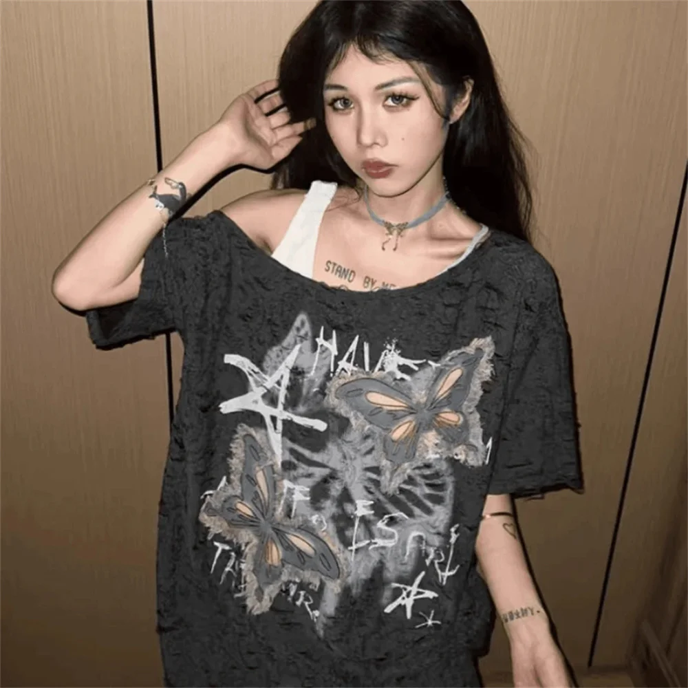 Y2K Aesthetic Off Shoulder T-Shirt Women Butterfly Raw Edge Oversized Short Sleeve Tee Vintage Grunge Casual Streetwear Harajuku