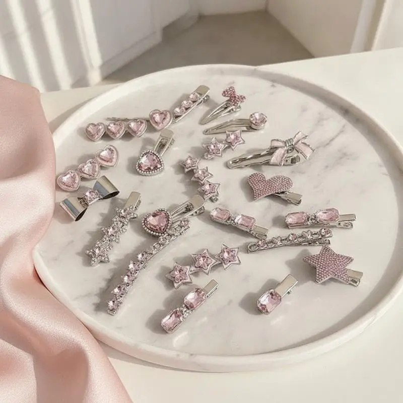 Modische Luxus-Haarspangen mit Kristallen, Vintage-Herz-Design, rosa Strasssteine, silberne Haarklammern für Damen und Mädchen, süße Haarspangen, Haaraccessoires. – Detail 7