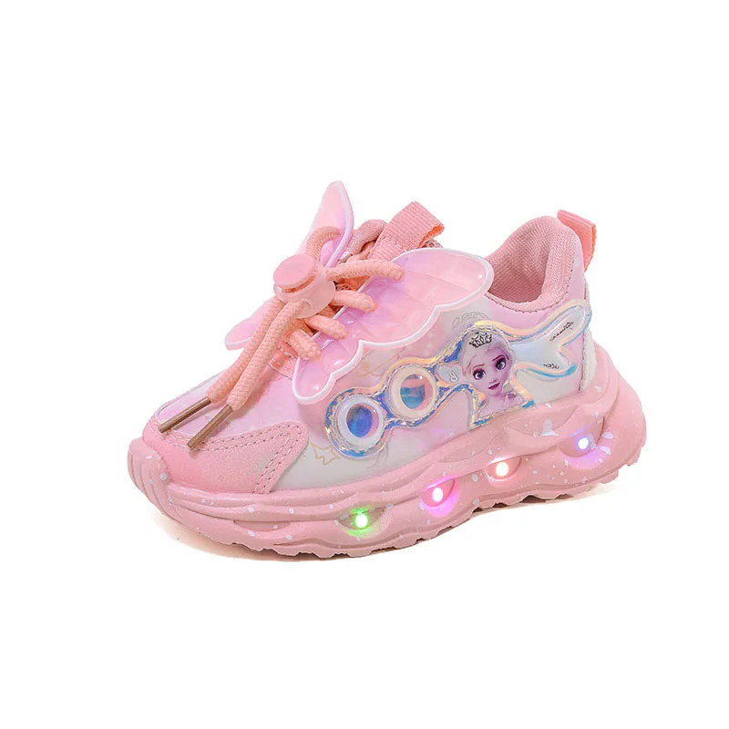 

Disney LED Casual Sneakers Spring Girls Frozen Elsa Princess Leather Rotating buckle Shoes Children Lighted Non-slip Pink Purple