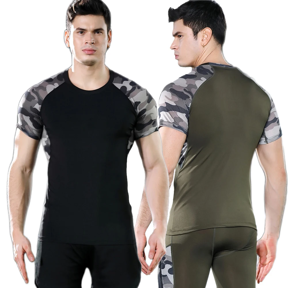 男性用の通気性のある半袖Tシャツ,カモフラージュパターンのパッチワークシャツ,速乾性,ランニング,スポーツウェア,ボディービル,フィットネス用の圧縮生地