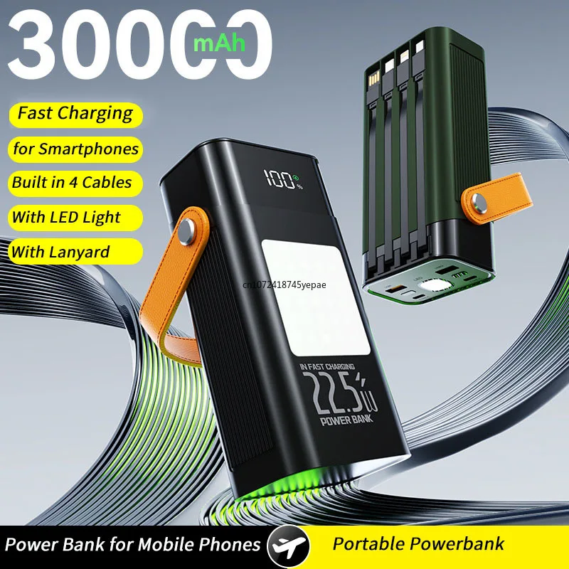

Power Bank 30000 мАч со встроенными кабелями 22,5 Вт, портативный внешний аккумулятор с быстрой зарядкой для iPhone 17, Samsung, Xiaomi, Huawei