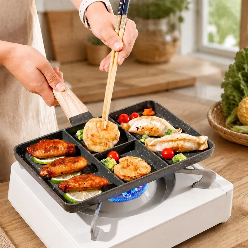 Multi-Section Nonstick Skillet with 4 Compartments for Cooking Eggs, Fish, Steaks on Gas & Induction Cooktops