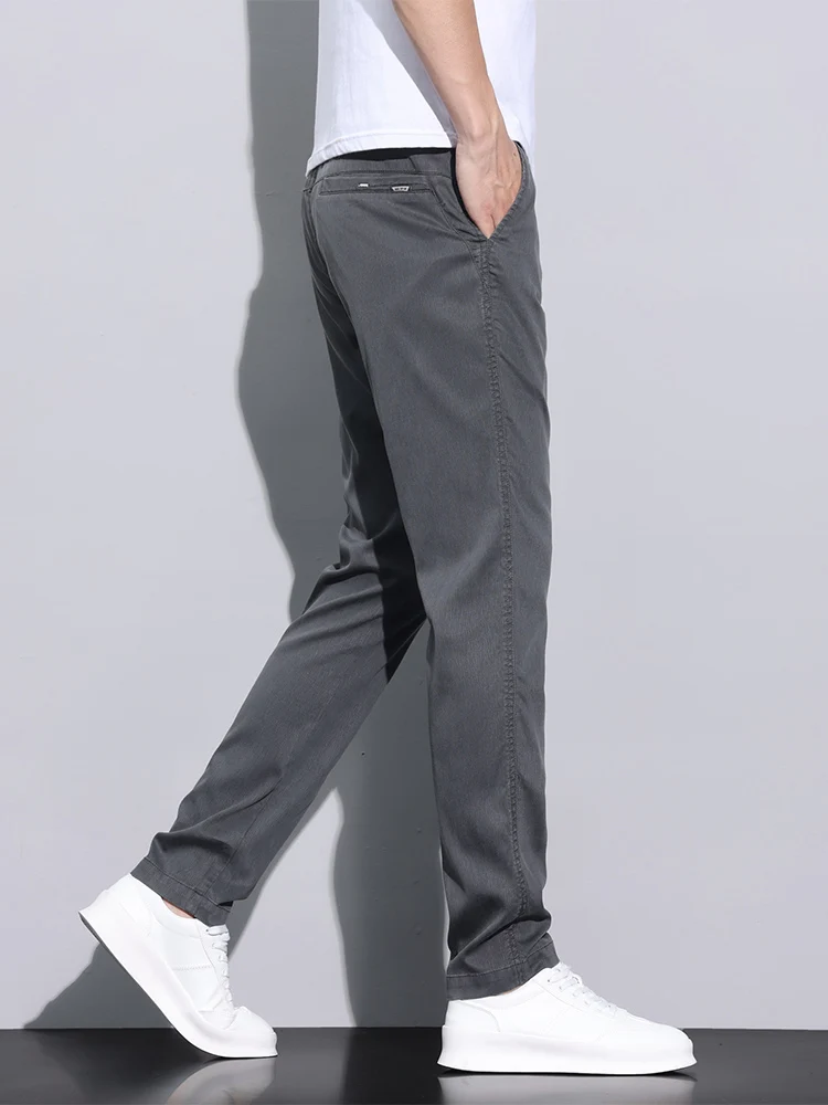 Pantalones informales de tela de fibra Lyocell para hombre, pantalón recto, ajustado, fino, suave, transpirable, elástico, para negocios, negro y gris, verano