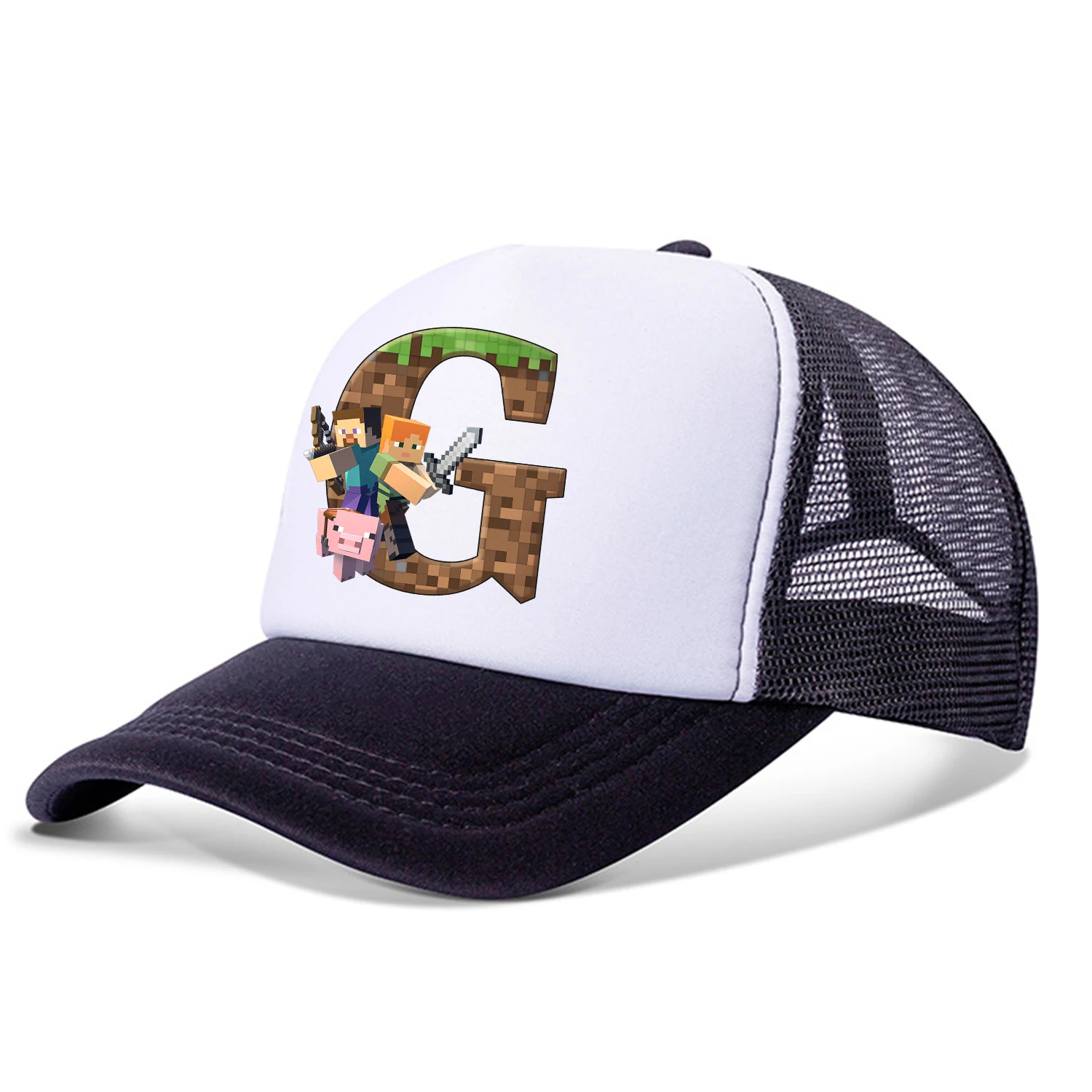 جديد بكسل لعبة بلغت ذروتها قبعة الكرتون A-Z رسالة قبعات البيسبول السوداء موضة الصيف تنفس قبعة من القماش الشبكي الوالدين والطفل القبعات Peacoat