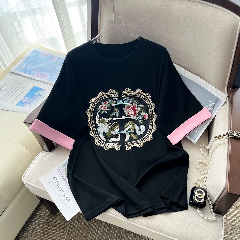 

ZJYT Chinese Style Summer T Shirts for Woman Short Sleeve Embroidery Cotton Tees TShirt ONeck Loose TShirt Female Tops White